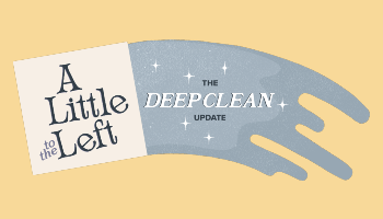 A Little to the Left's Deep Clean update logo, showing a yellow surface being wiped by a cloth displaying the game logo, and 'The Deep Clean Update' test visible in the wiped portion.